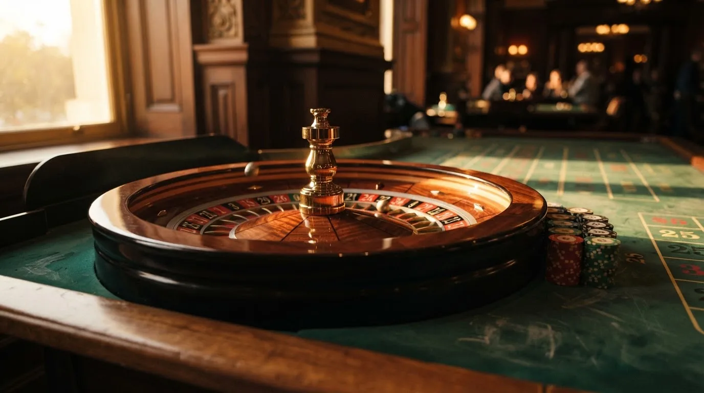 Roda de roleta e fichas sobre feltro verde, sob uma luz quente de fim de tarde — casinos com bônus em portugal