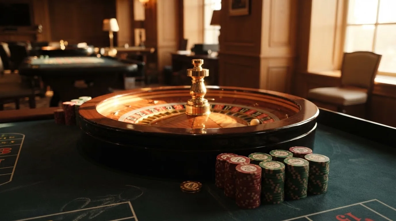 Roda de roleta e fichas sobre feltro verde, sob uma luz quente de fim de tarde — casinos com depósito mínimo pt