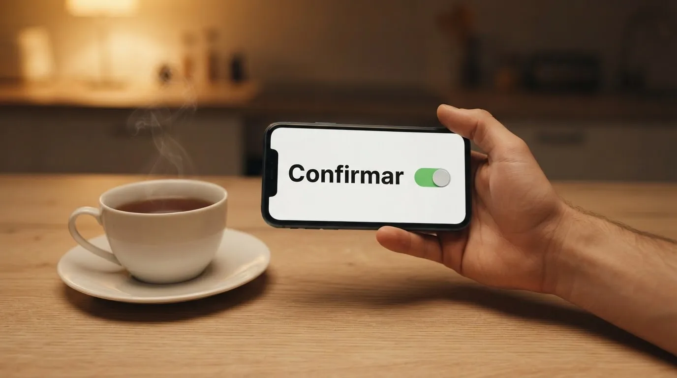 Mão a segurar um telemóvel ao lado de uma chávena de chá numa mesa de cozinha, numa noite tranquila — casinos com dinheiro em portugal