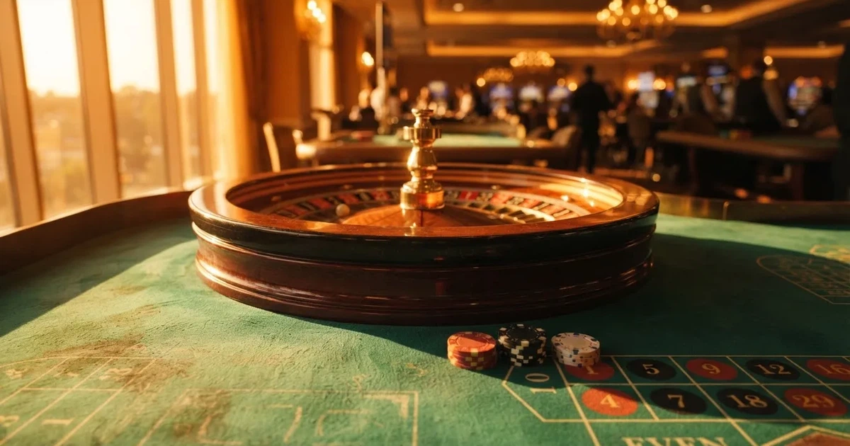 Roda de roleta e fichas sobre feltro verde, sob uma luz quente de fim de tarde — casinos com dinheiro em portugal