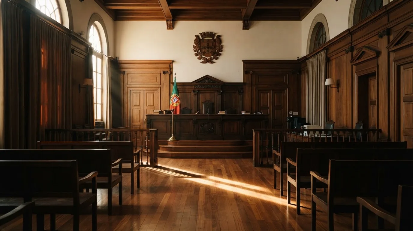 Sala de tribunal vazia com painéis de madeira, à luz da manhã — casinos com google pay em portugal