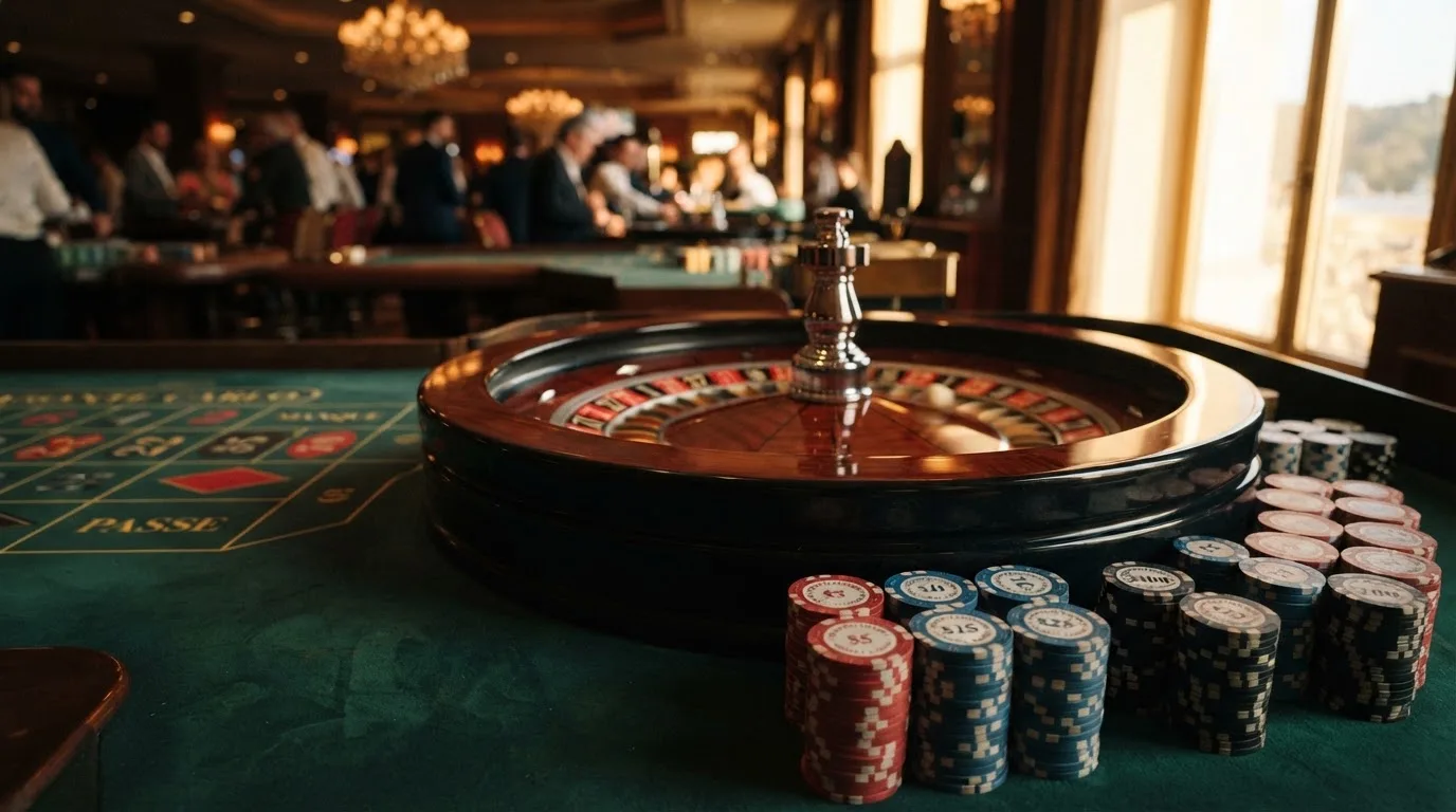 Roda de roleta e fichas sobre feltro verde, sob uma luz quente de fim de tarde — casinos com google pay em portugal