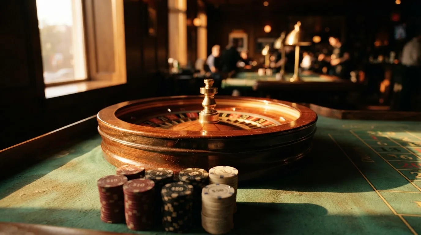 Roda de roleta e fichas sobre feltro verde, sob uma luz quente de fim de tarde — casinos com maestro em portugal