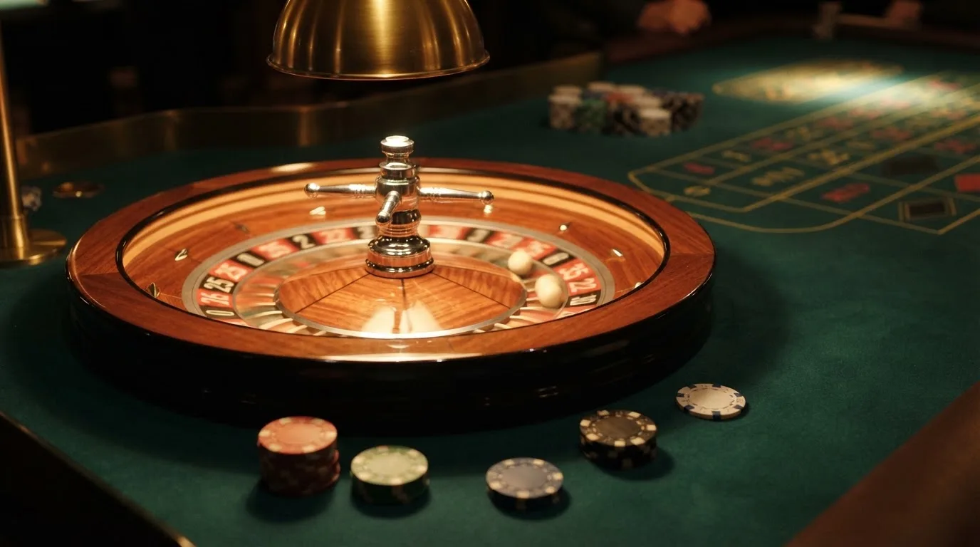 Roda de roleta e fichas sobre feltro verde, sob uma luz quente de fim de tarde — casinos com mastercard em portugal