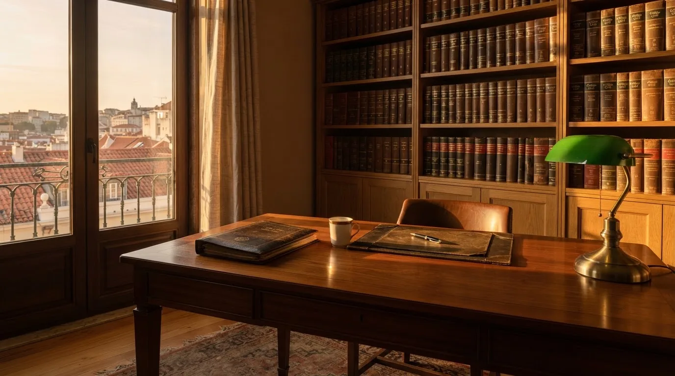 Escritório de advocacia com secretária de madeira, candeeiro de leitura e estantes de livros, sem pessoas, luz tranquila de fim de tarde.