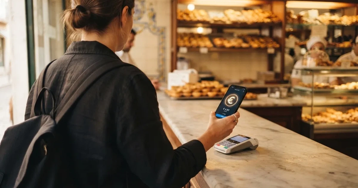Cliente numa pastelaria portuguesa a pagar com o telemóvel num terminal discreto, balcão de vidro com pastéis desfocados ao fundo.