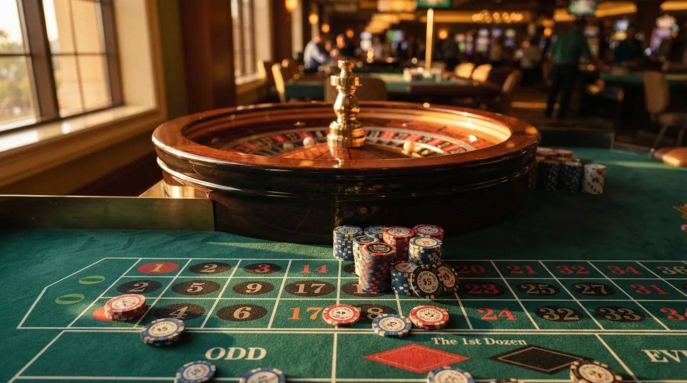 Roda de roleta e fichas sobre feltro verde, sob uma luz quente de fim de tarde — casinos com mifinity em portugal