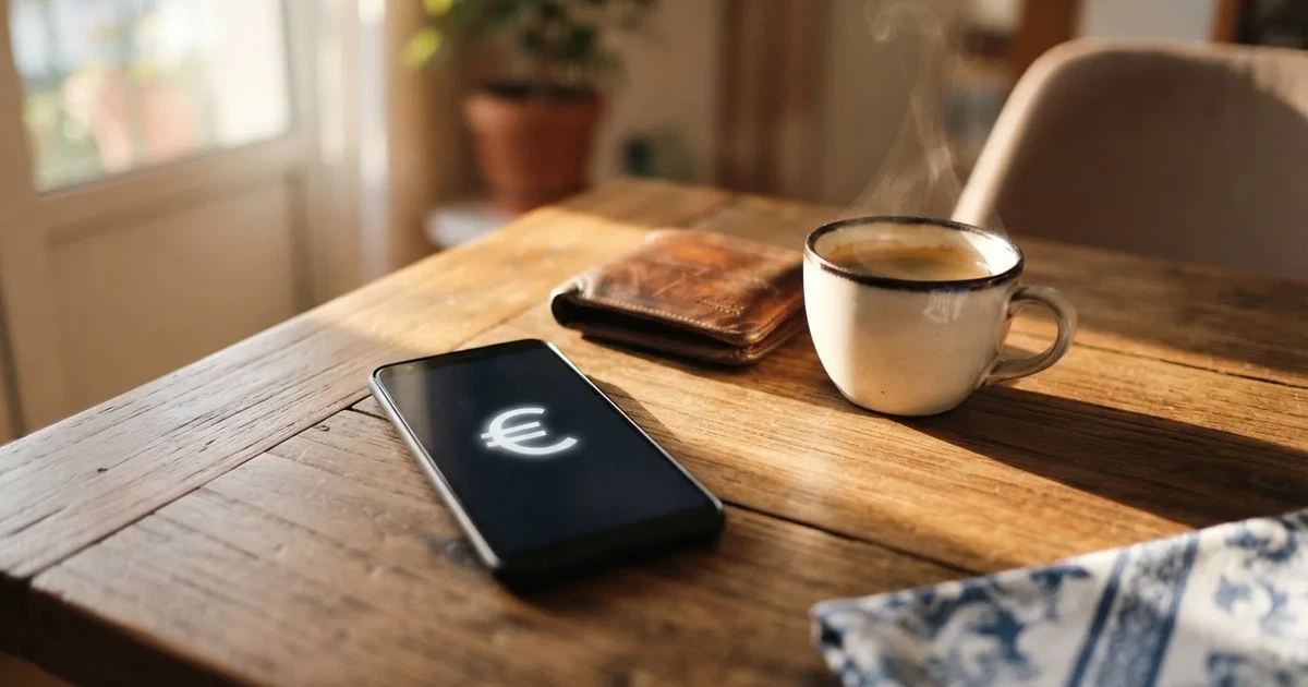 Telemóvel numa mesa de madeira ao lado de uma carteira e de uma chávena de café — casinos com mifinity em portugal