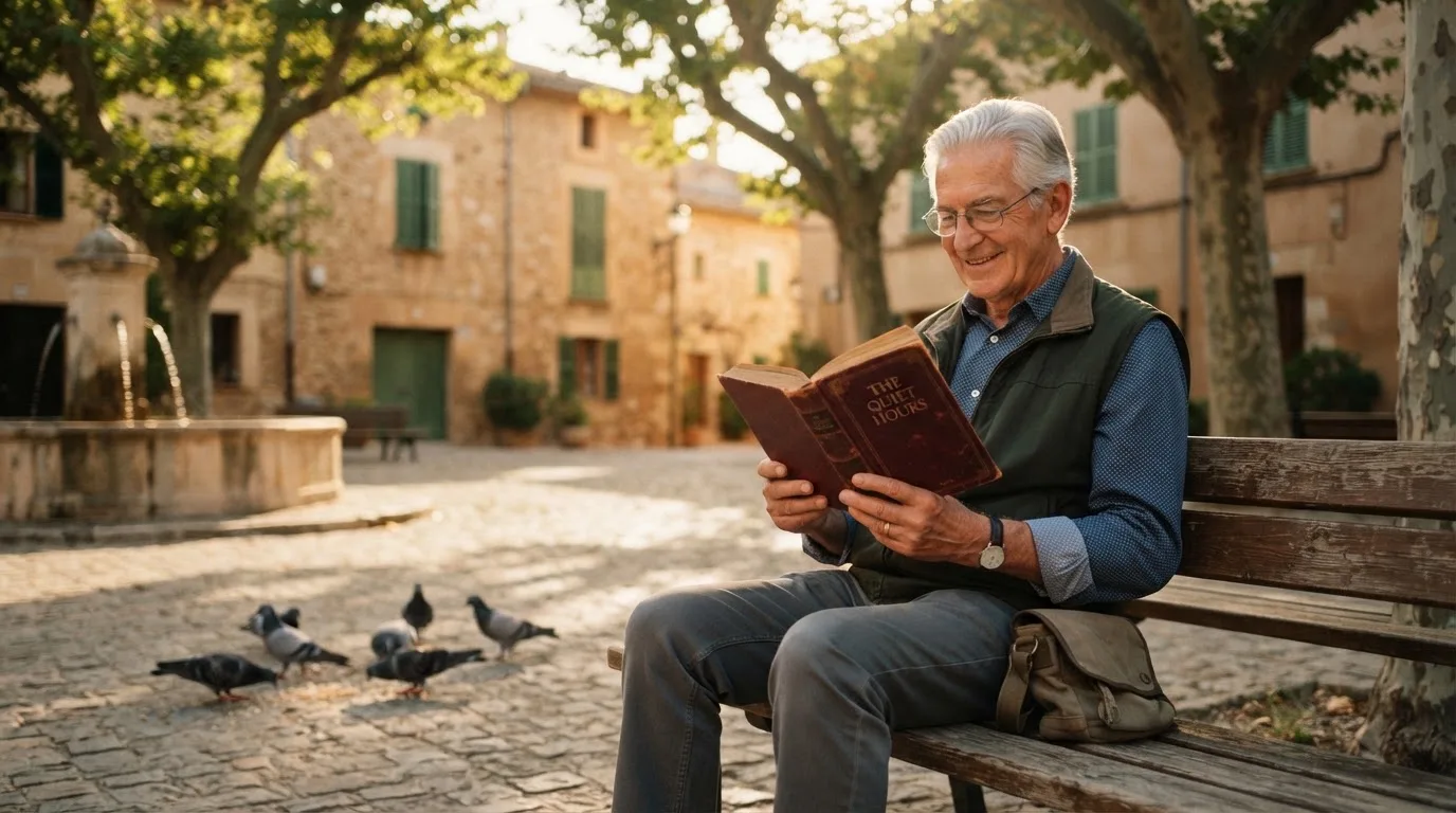Idoso a ler tranquilamente um livro numa praça com bancos e pombos, luz de fim de tarde e expressão relaxada.