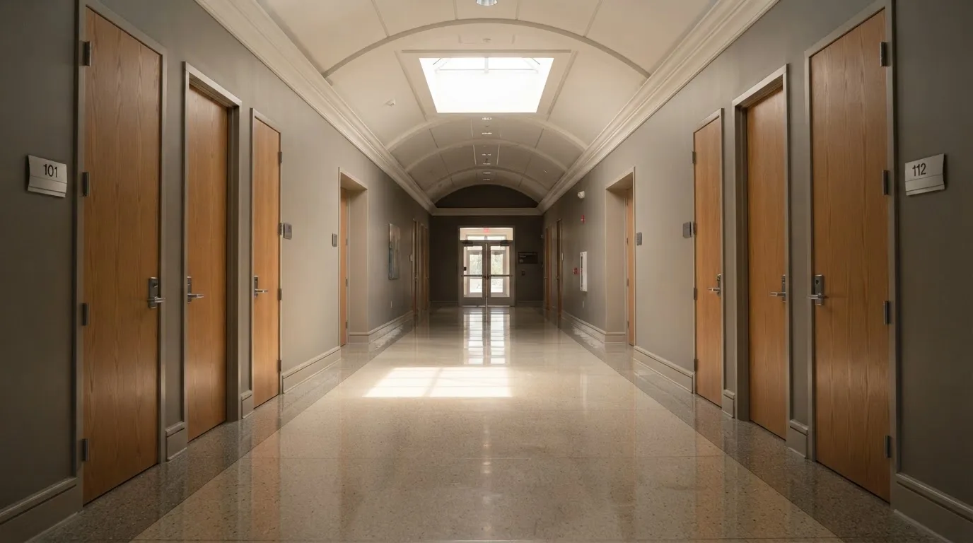 Corredor de um tribunal moderno com portas de madeira e pavimento polido, sem pessoas, luz natural vinda de uma claraboia.