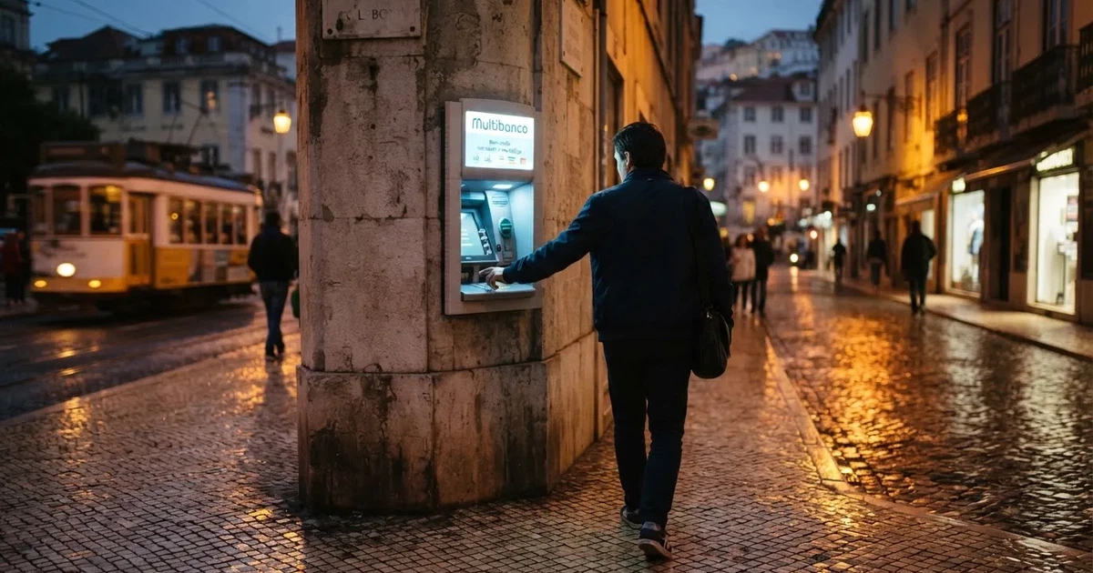 Pessoa de costas a usar um terminal bancário de rua ao anoitecer, com reflexos de candeeiros na calçada molhada.