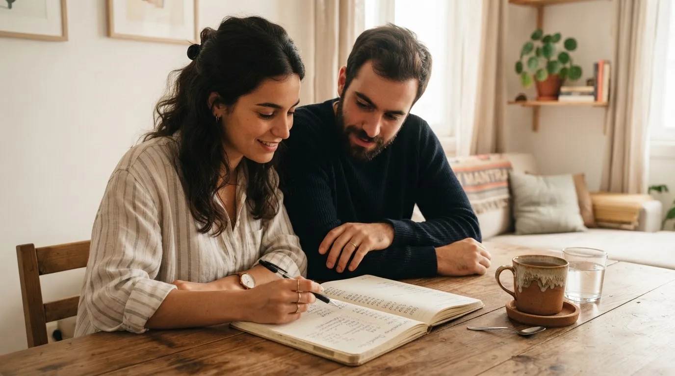 Casal jovem a organizar o orçamento da casa à mesa da sala, com um caderno em branco e uma chávena, luz suave.