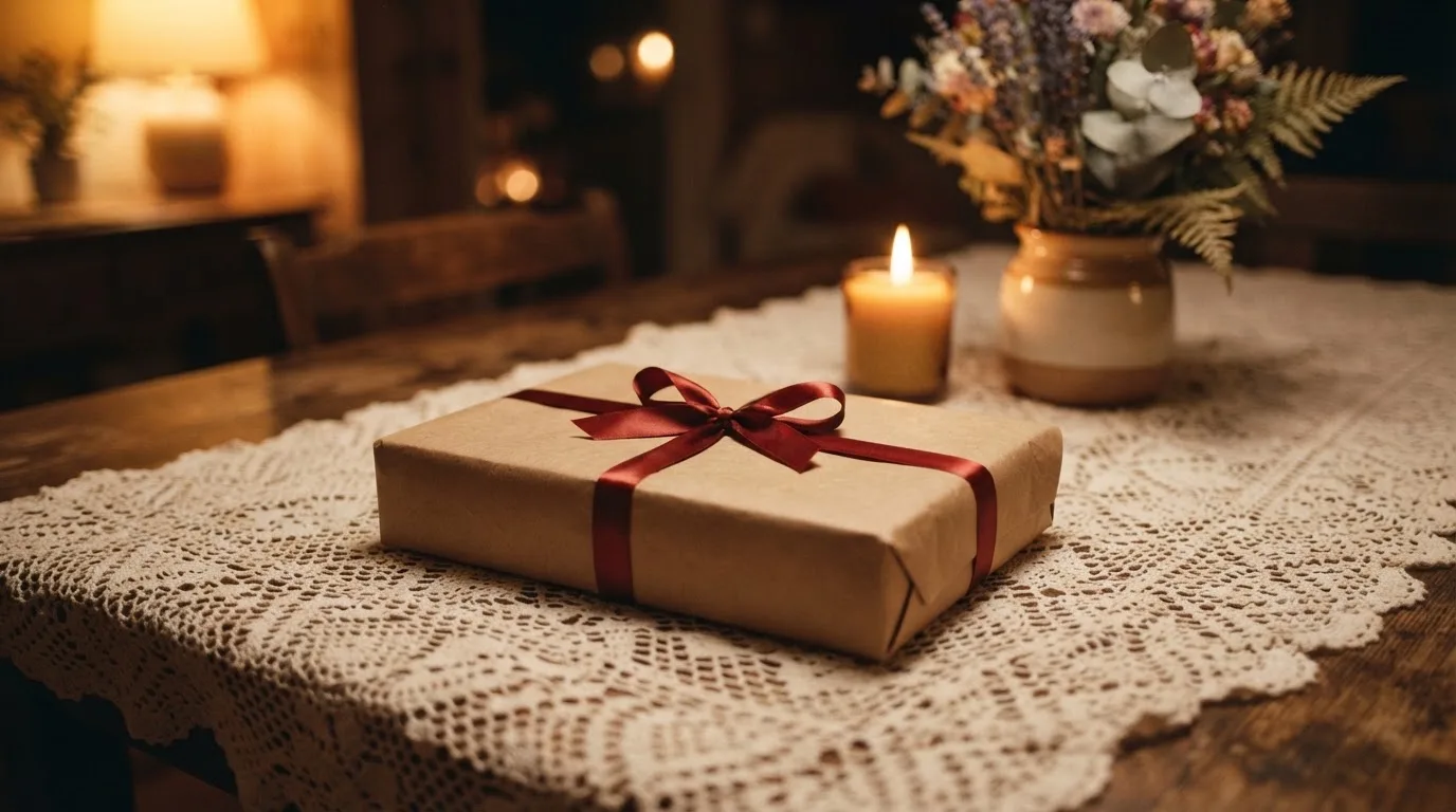 Presente embrulhado em papel castanho com fita vermelha, colocado sobre uma toalha de renda, num ambiente festivo e acolhedor.