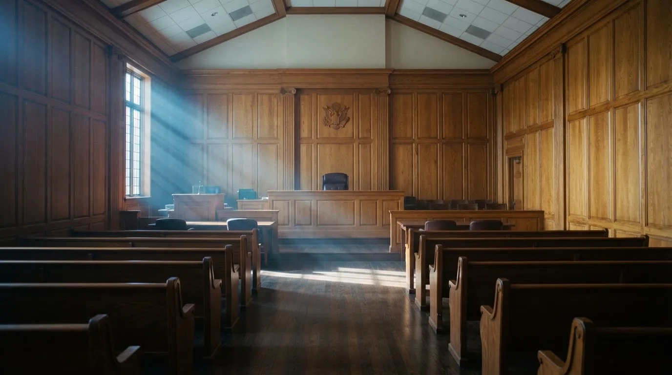 Sala de tribunal vazia com painéis de madeira, à luz da manhã — casinos com neteller em portugal