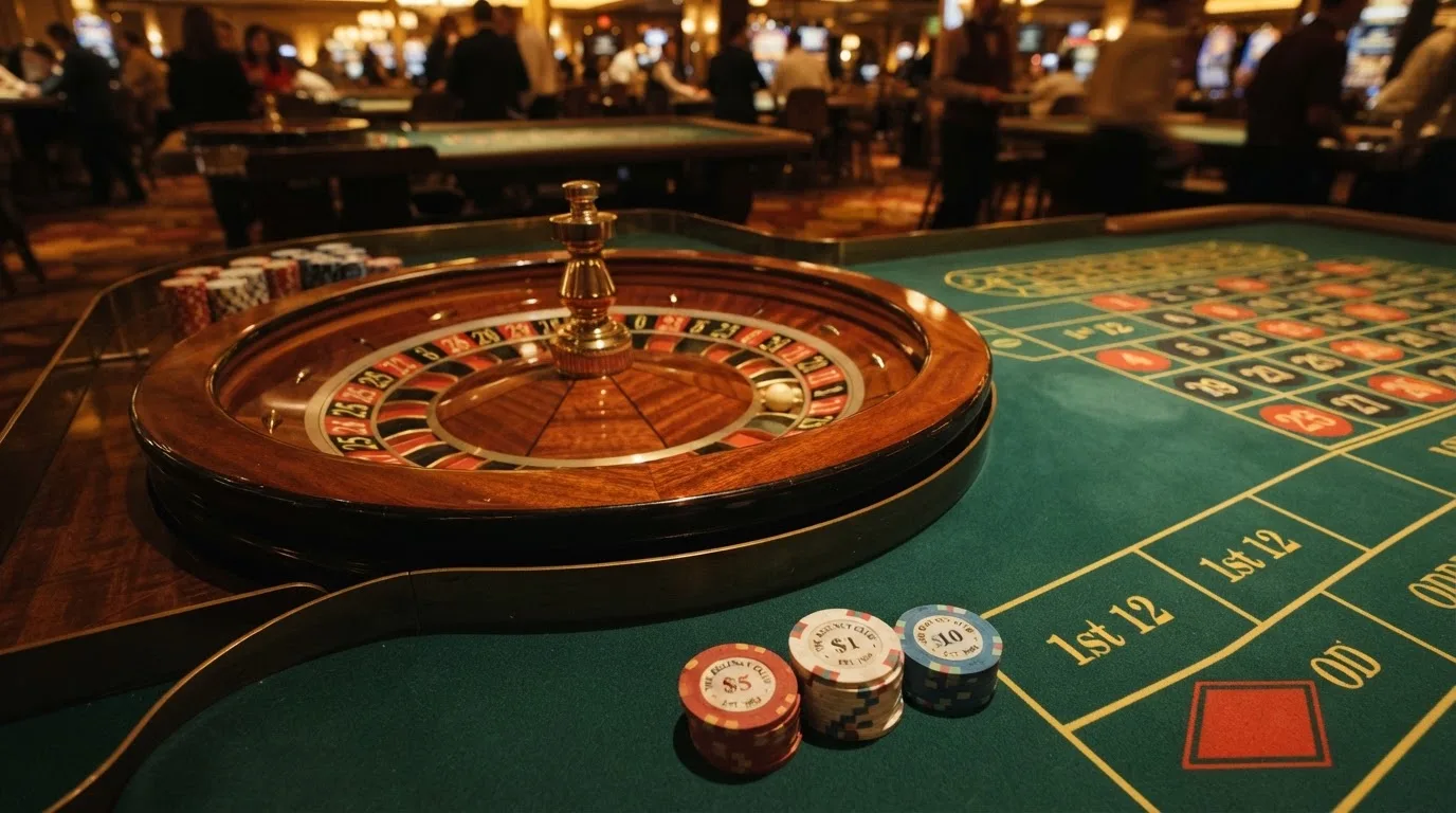 Roda de roleta e fichas sobre feltro verde, sob uma luz quente de fim de tarde — casinos com neteller em portugal