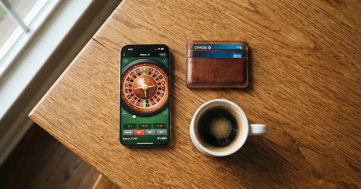 Telemóvel numa mesa de madeira ao lado de uma carteira e de uma chávena de café — casinos com neteller em portugal