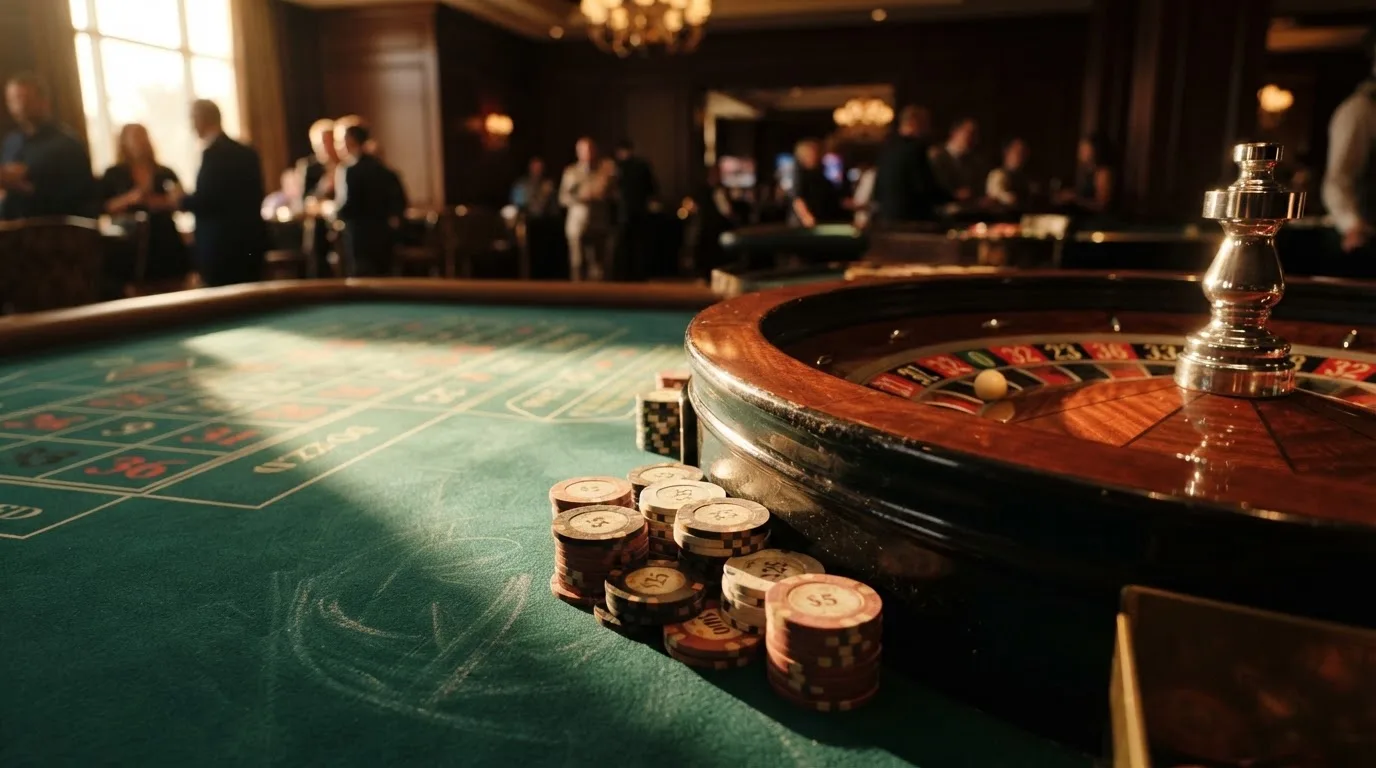 Roda de roleta e fichas sobre feltro verde, sob uma luz quente de fim de tarde — casinos com paypal em portugal