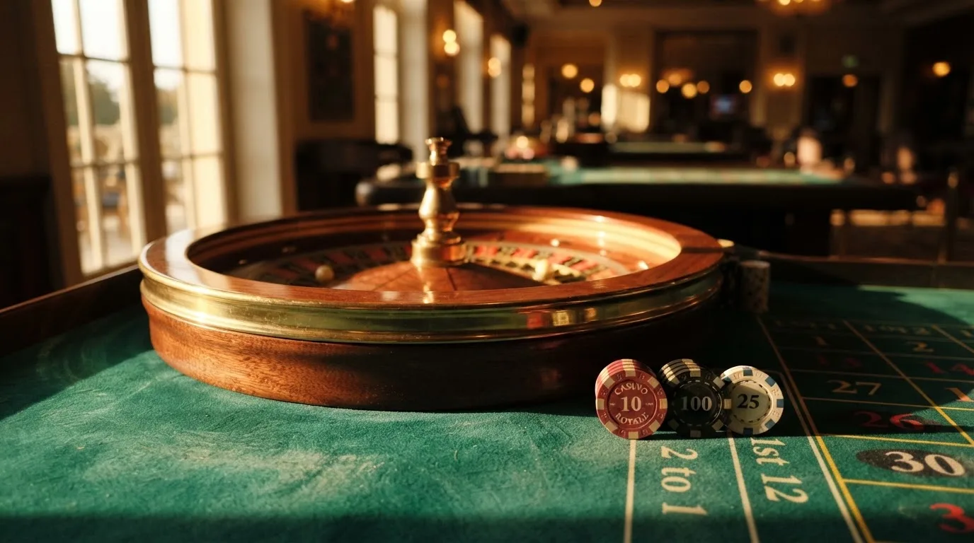 Roda de roleta e fichas sobre feltro verde, sob uma luz quente de fim de tarde — casinos com paysafecard em portugal