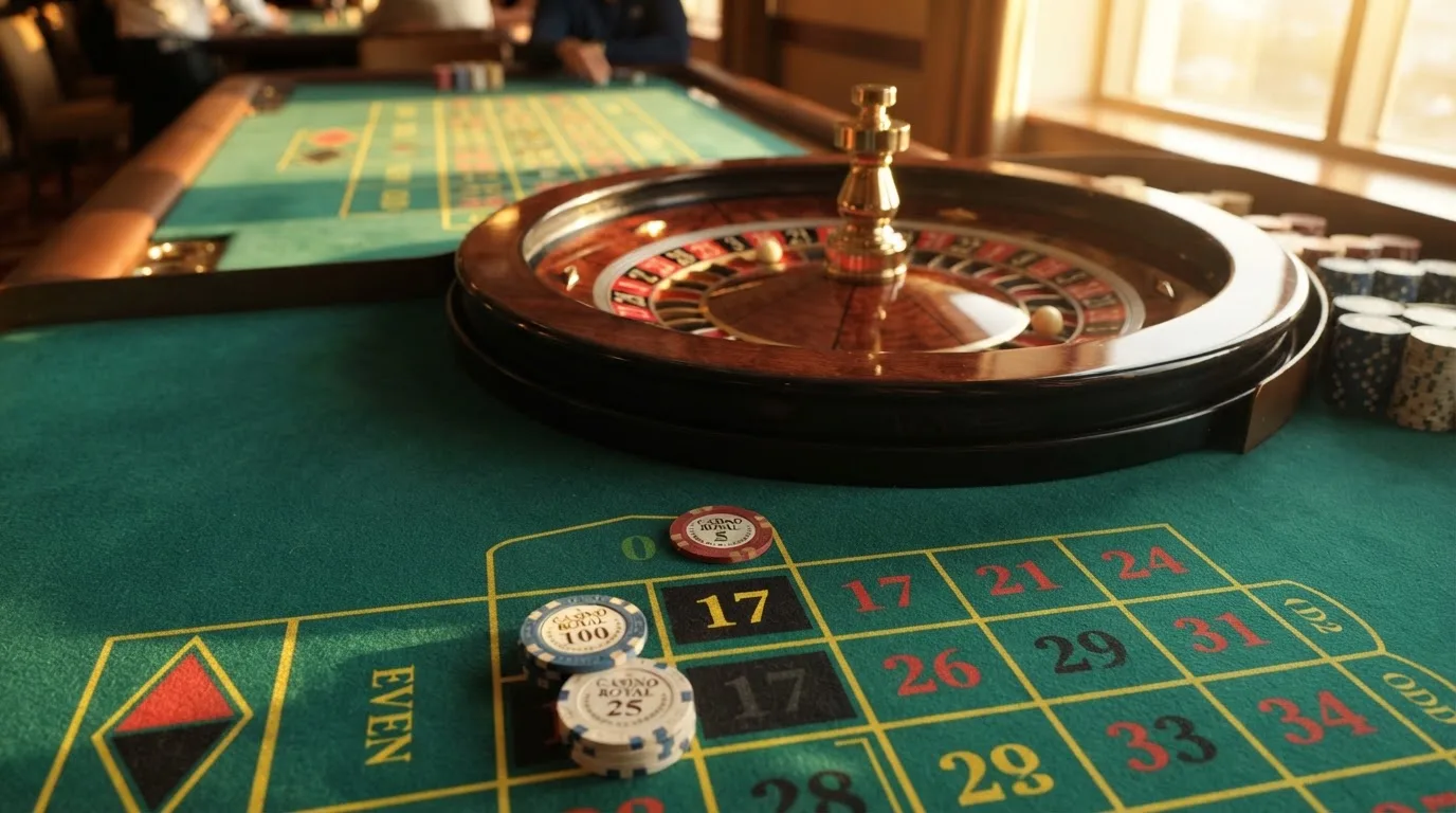 Roda de roleta e fichas sobre feltro verde, sob uma luz quente de fim de tarde — casinos com payu em portugal