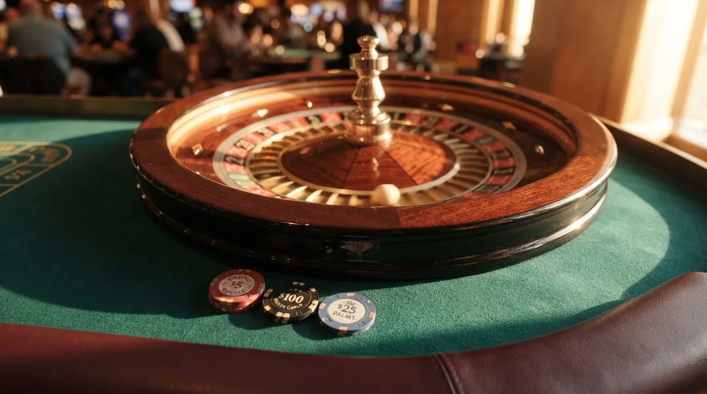 Roda de roleta e fichas sobre feltro verde, sob uma luz quente de fim de tarde — casinos com rodadas em portugal