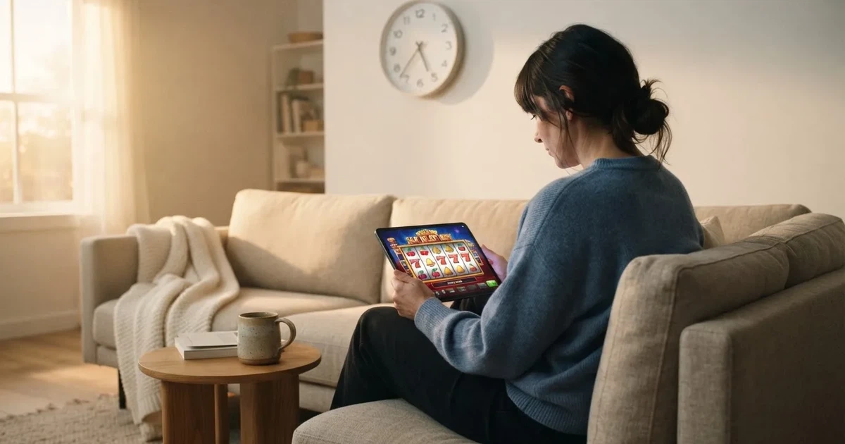 Pessoa num sofá a olhar pensativa para um tablet, com um relógio na parede atrás — casinos com rodadas em portugal