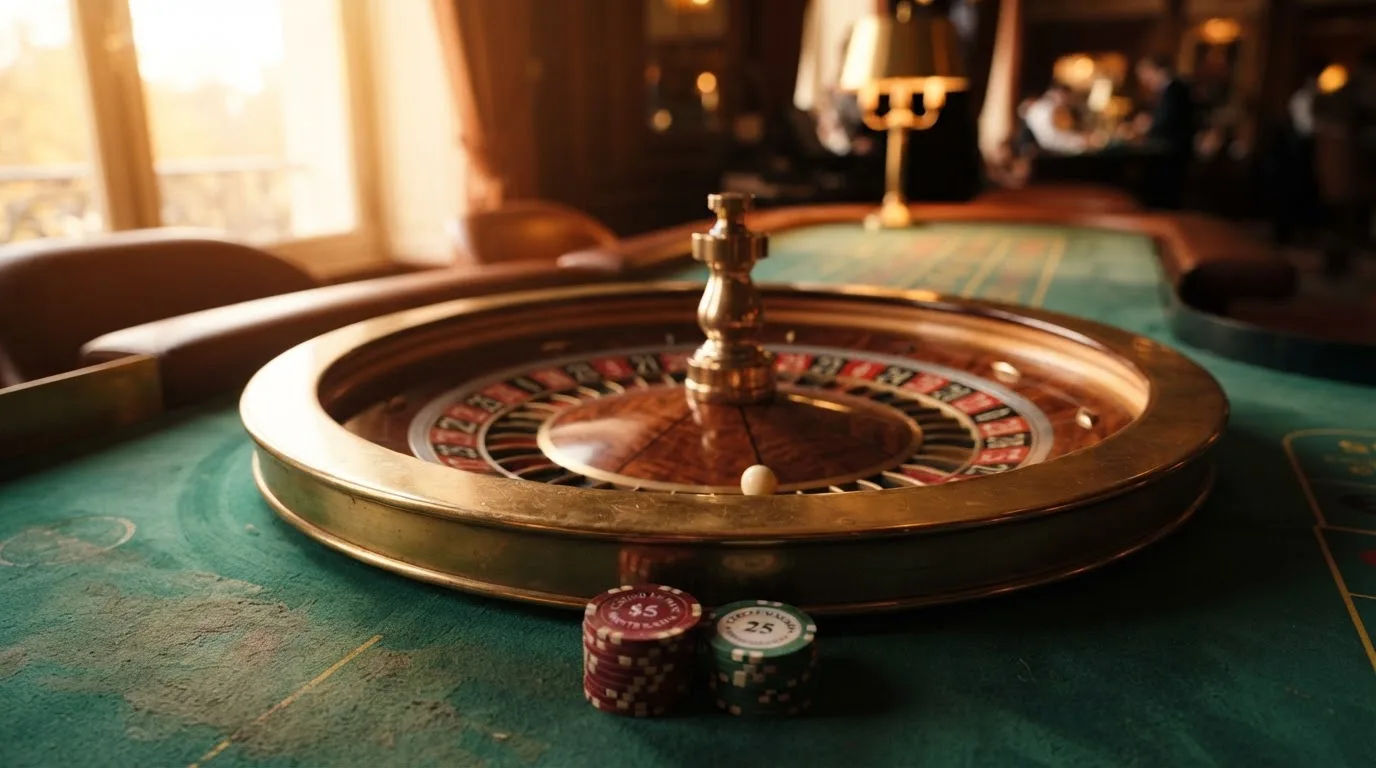Roda de roleta e fichas sobre feltro verde, sob uma luz quente de fim de tarde — casinos com skrill em portugal