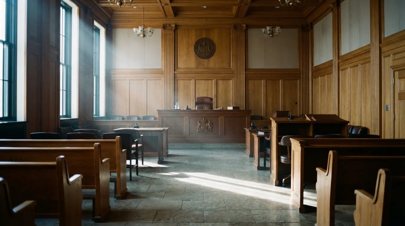 Sala de tribunal vazia com painéis de madeira, à luz da manhã — casinos com transferência bancária pt