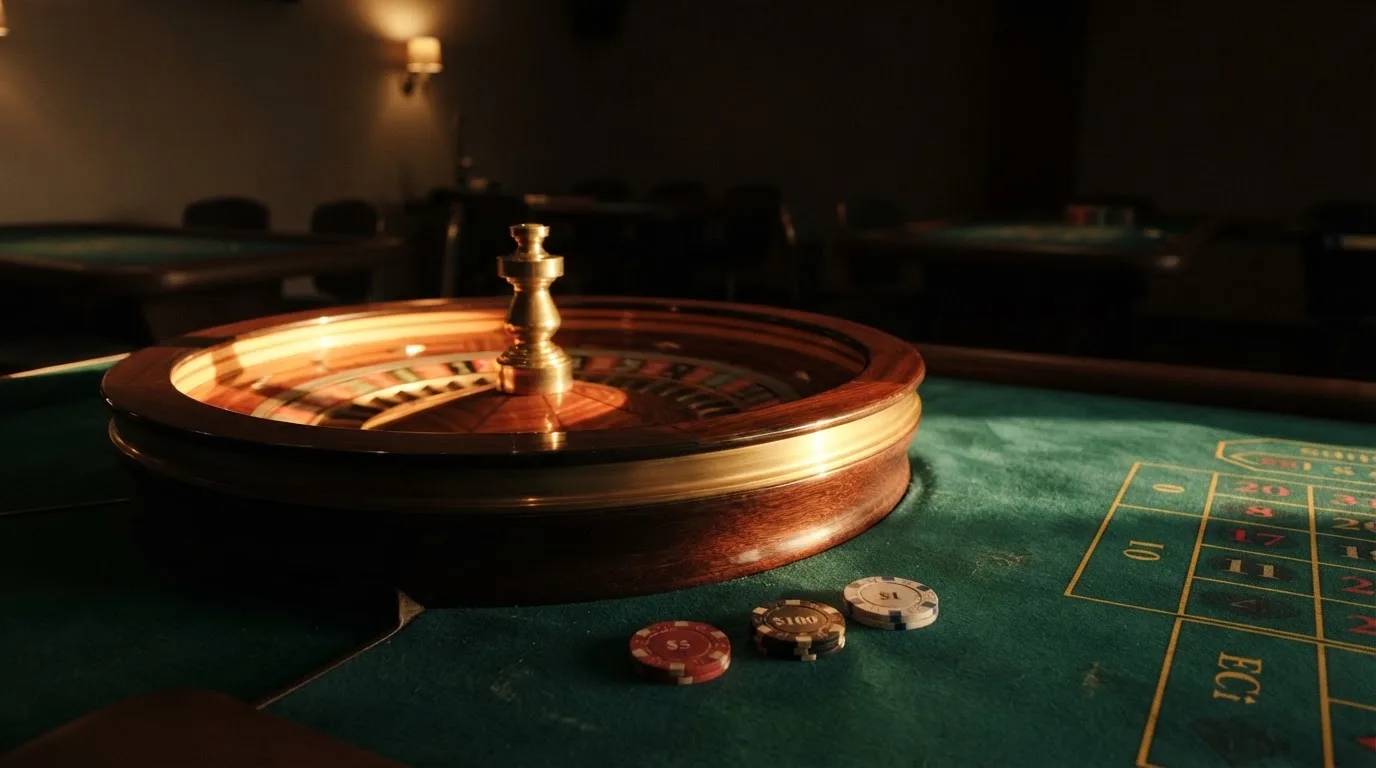 Roda de roleta e fichas sobre feltro verde, sob uma luz quente de fim de tarde — casinos com transferência bancária pt