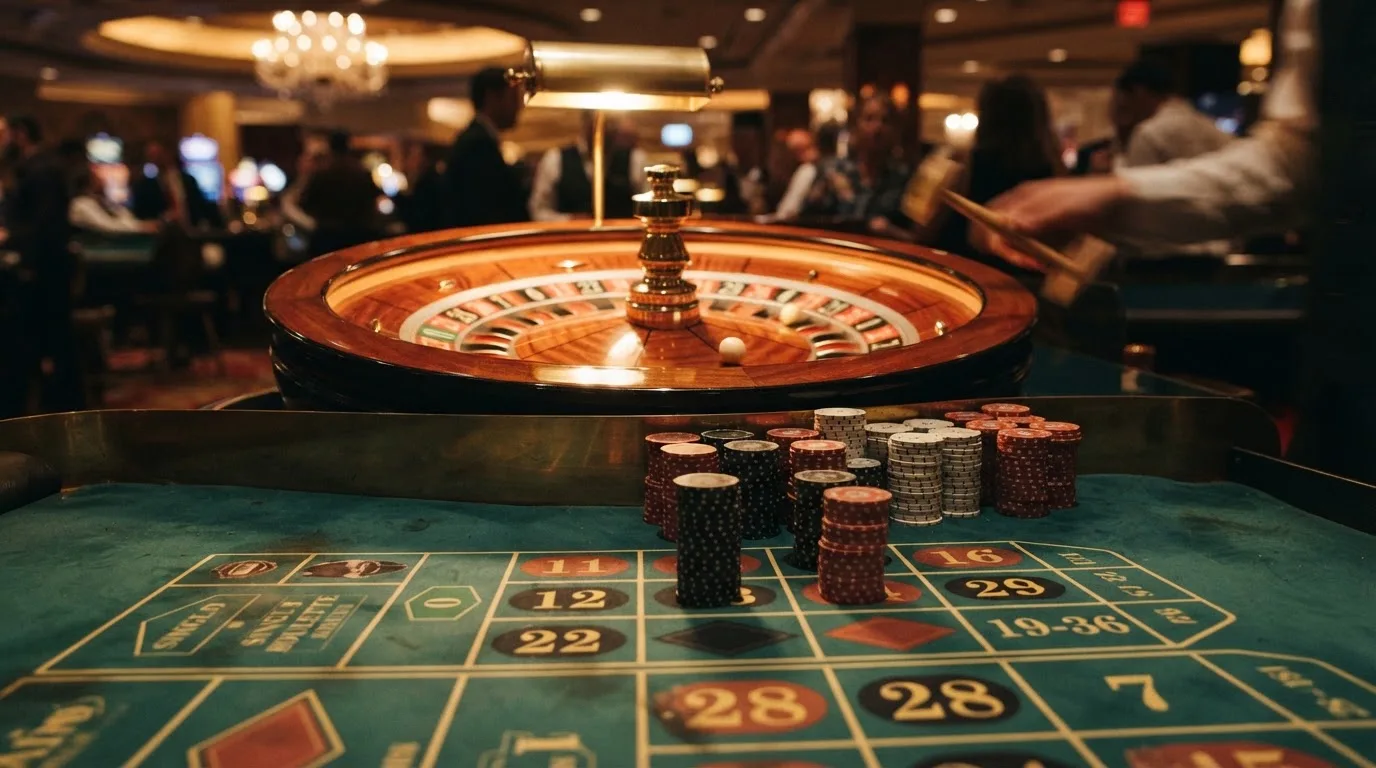 Roda de roleta e fichas sobre feltro verde, sob uma luz quente de fim de tarde — casinos com visa em portugal