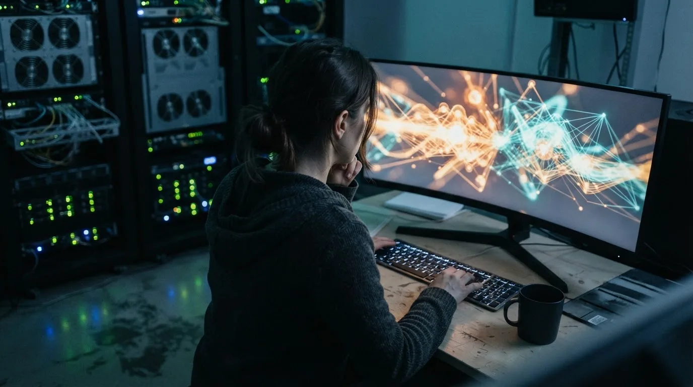 Mulher numa sala de computadores a observar um monitor com formas luminosas abstratas, ambiente de escritório moderno.