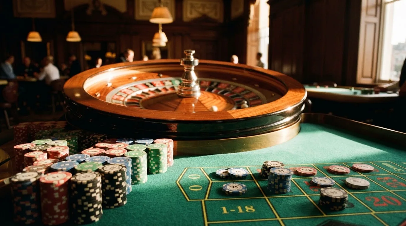 Roda de roleta e fichas sobre feltro verde, sob uma luz quente de fim de tarde — casinos grátis em portugal