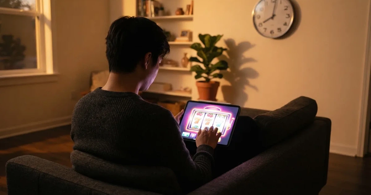Pessoa num sofá a olhar pensativa para um tablet, com um relógio na parede atrás — casinos grátis em portugal