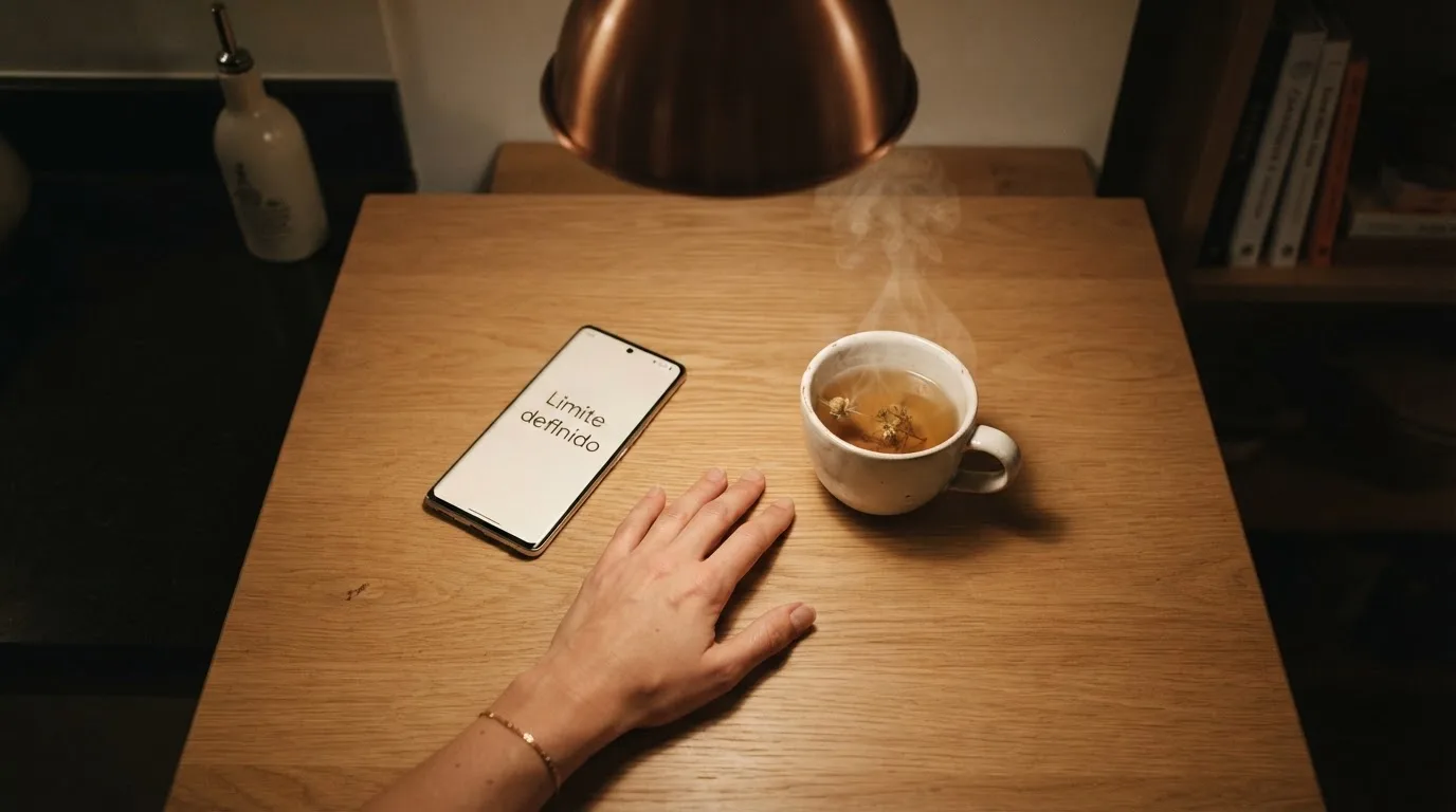 Mão a segurar um telemóvel ao lado de uma chávena de chá numa mesa de cozinha, numa noite tranquila — casinos legais em portugal