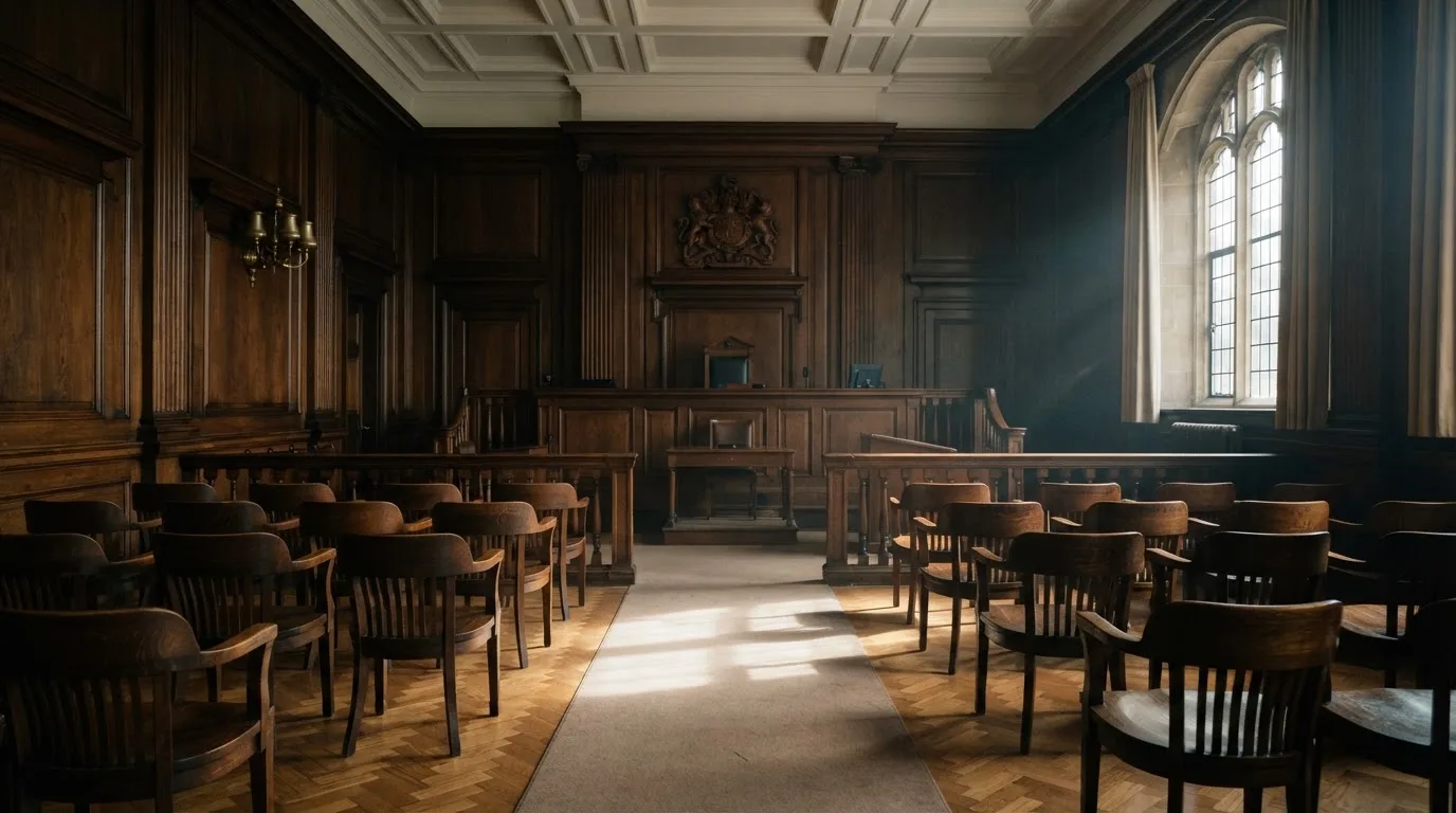 Sala de tribunal vazia com painéis de madeira, à luz da manhã — casinos legais em portugal