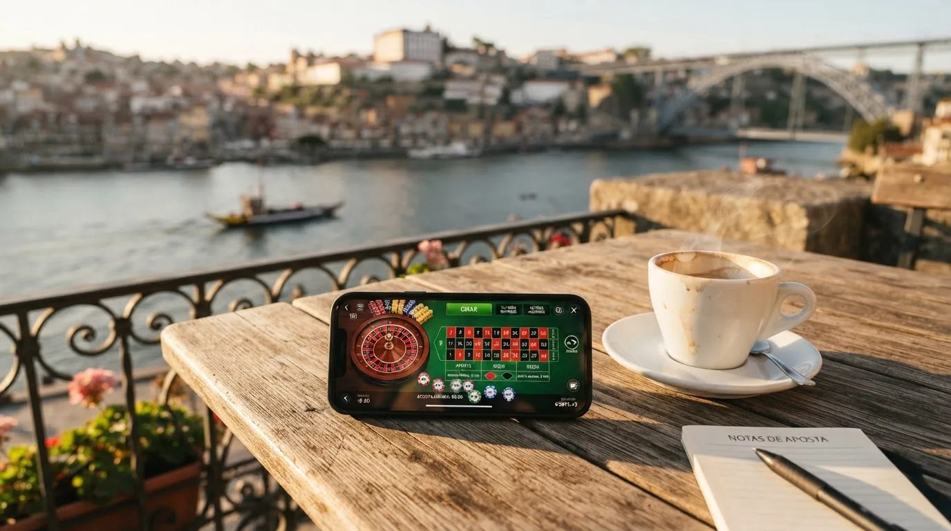 Pessoa a jogar no telemóvel numa esplanada, com um café pousado na mesa e o rio ao fundo, sob sol suave.