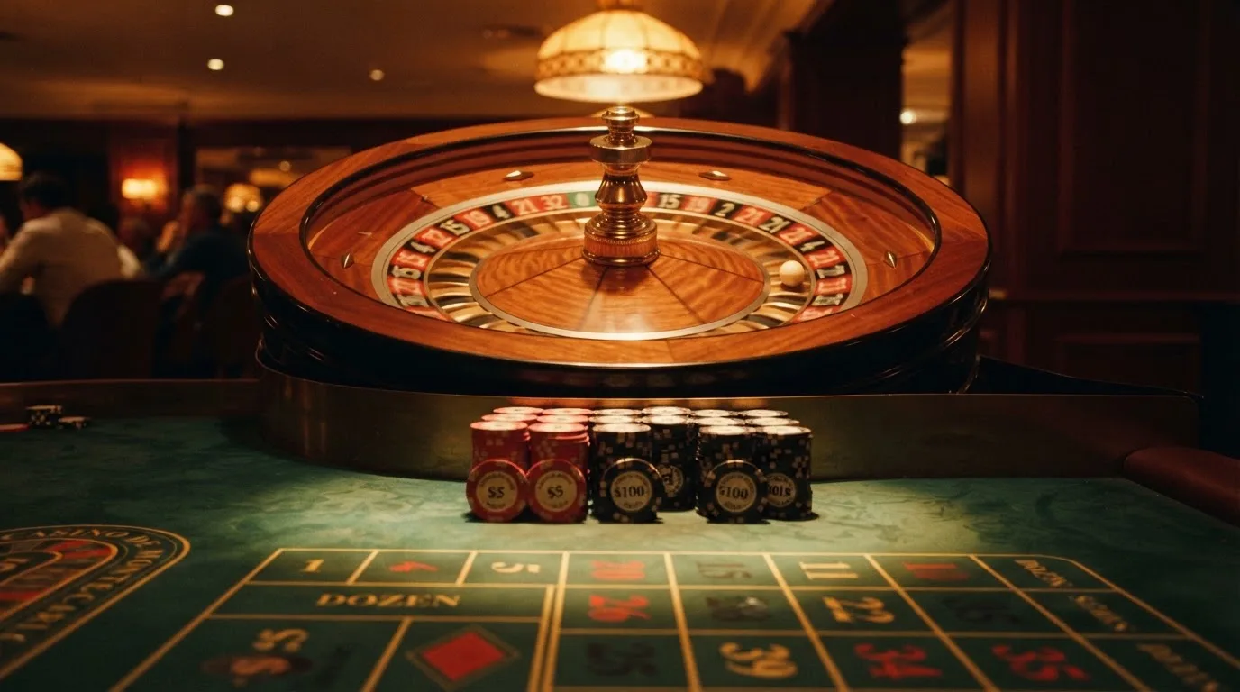 Roda de roleta e fichas sobre feltro verde, sob uma luz quente de fim de tarde — casinos online com depósito pt