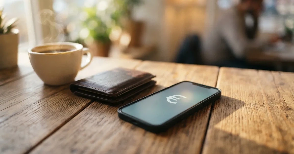 Telemóvel numa mesa de madeira ao lado de uma carteira e de uma chávena de café — casinos online com depósito pt