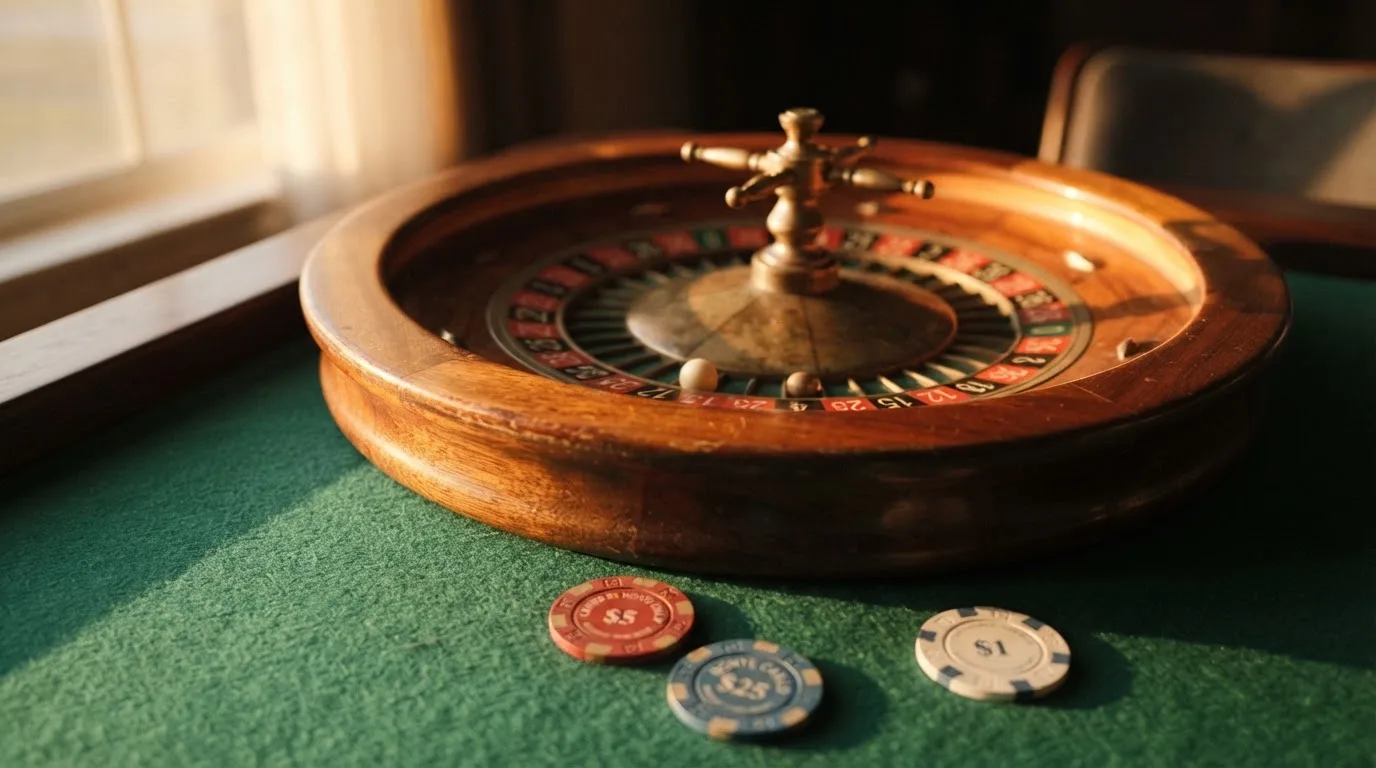 Roda de roleta e fichas sobre feltro verde, sob uma luz quente de fim de tarde — casinos online grátis em portugal