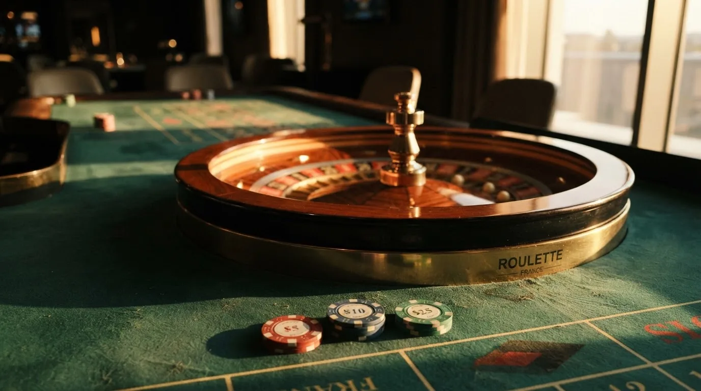 Roda de roleta e fichas sobre feltro verde, sob uma luz quente de fim de tarde — casinos para ganhar dinheiro pt