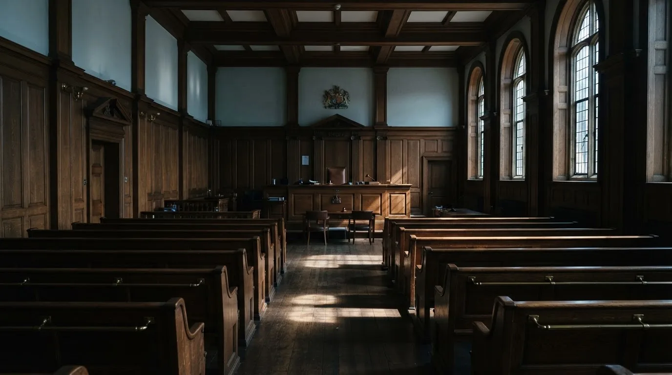 Sala de tribunal vazia com painéis de madeira, à luz da manhã — cassino com bônus em portugal