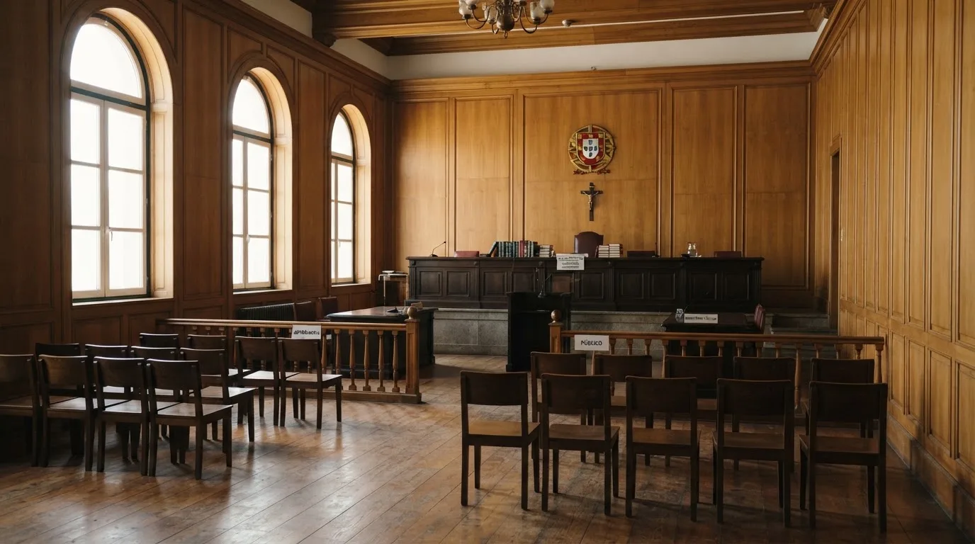 Sala de tribunal vazia com painéis de madeira, à luz da manhã — cassino com roleta em portugal