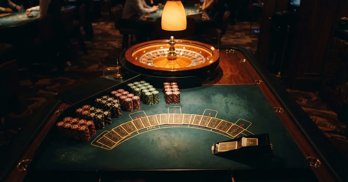 Mesa de jogo iluminada com cartas, vista de cima — cassino com roleta em portugal