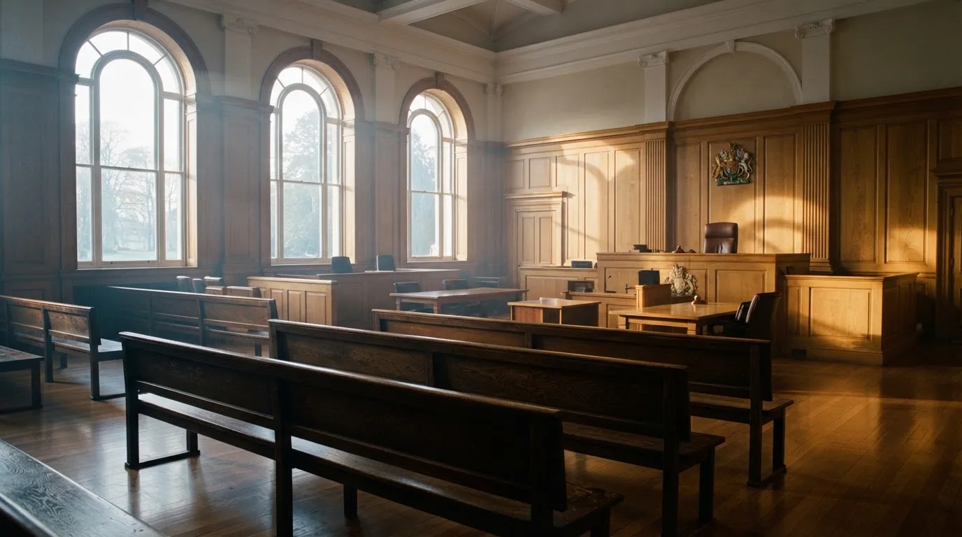 Sala de tribunal vazia com painéis de madeira, à luz da manhã — cassino grátis em portugal