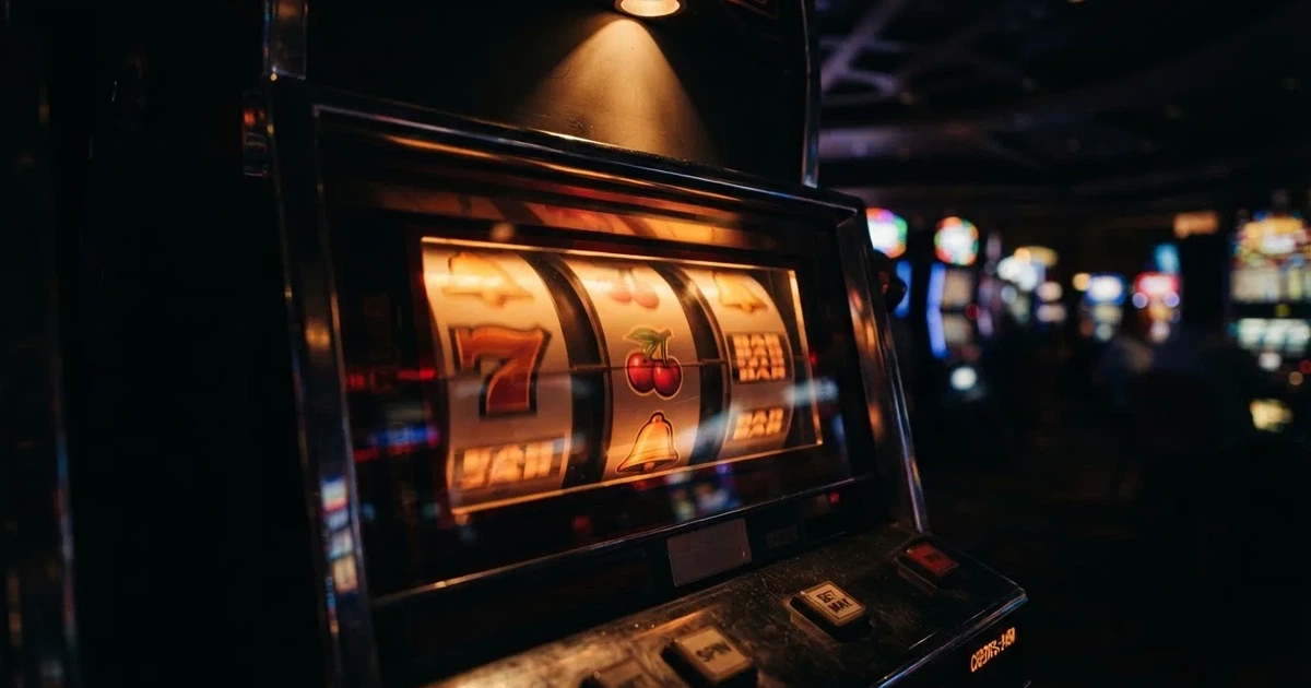 Rolos luminosos de uma slot machine numa sala escura, em grande plano — cassino grátis em portugal