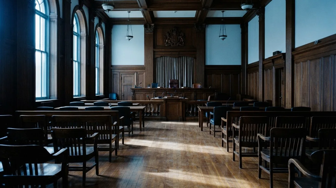 Sala de tribunal vazia com painéis de madeira, à luz da manhã — cassino sem depósito em portugal