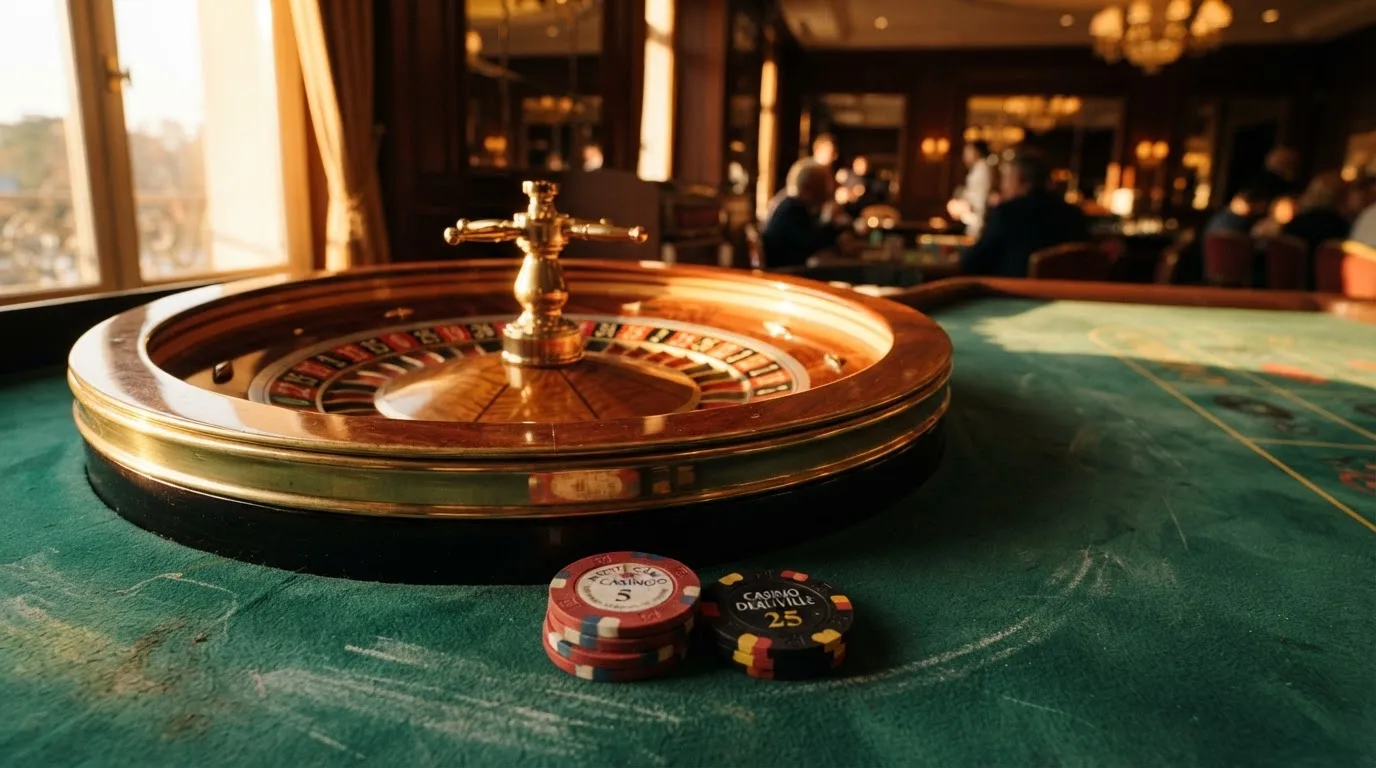Roda de roleta e fichas sobre feltro verde, sob uma luz quente de fim de tarde — cassino sem depósito em portugal
