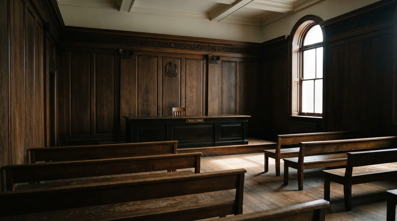 Sala de tribunal vazia com painéis de madeira, à luz da manhã — cassinos ao vivo em portugal