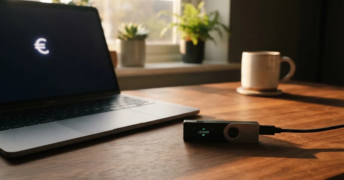 Carteira de hardware e computador portátil numa secretária, com luz suave — cassinos de criptomoedas pt