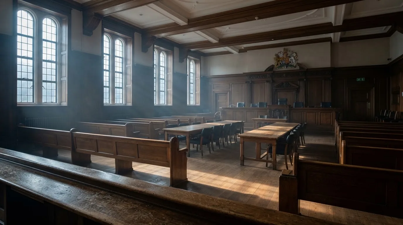 Sala de tribunal vazia com painéis de madeira, à luz da manhã — cassinos sem kyc em portugal