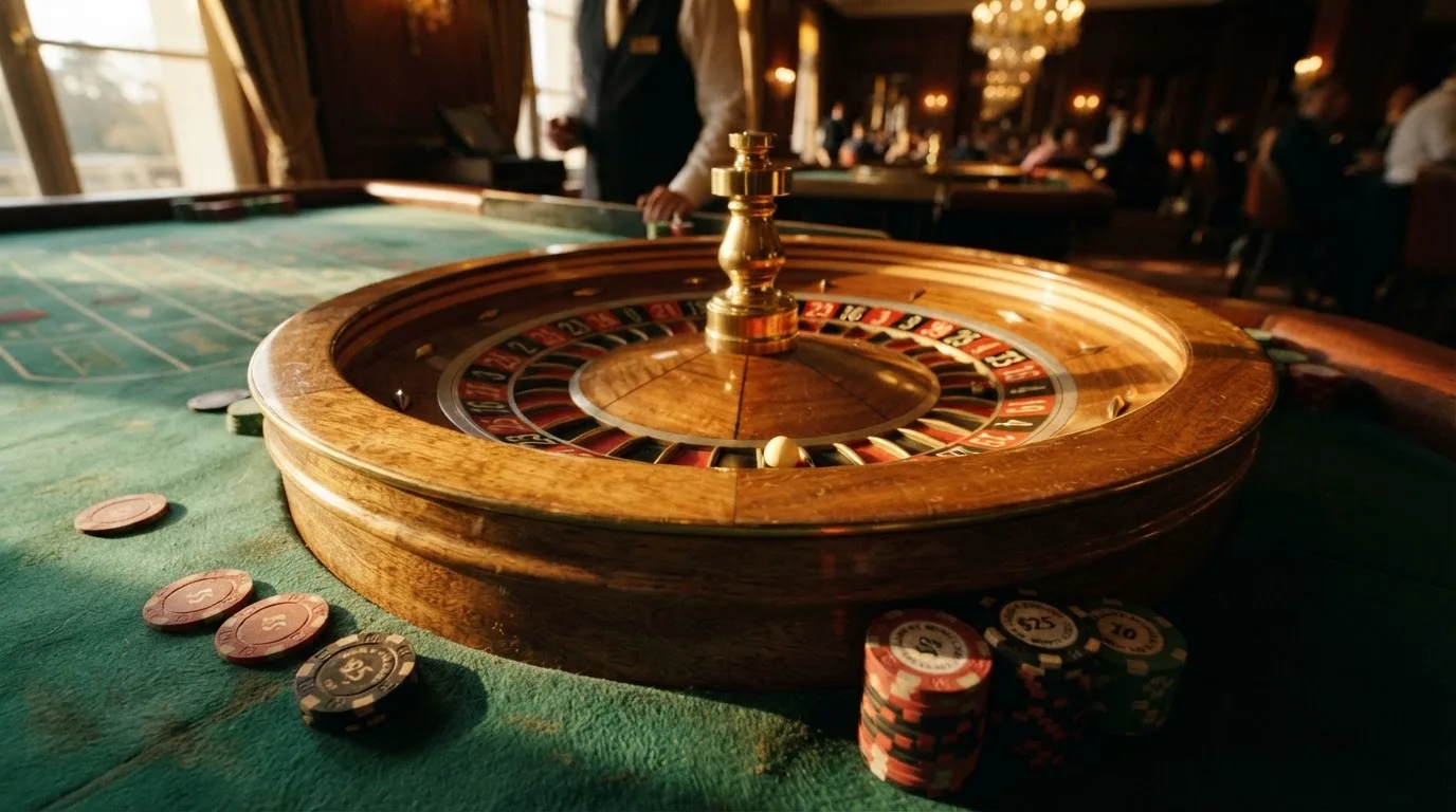 Roda de roleta e fichas sobre feltro verde, sob uma luz quente de fim de tarde — como jogar em casino pt